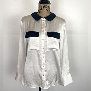 Zara Basic Women's Satin Top L Cream Nerd Preppy Mother Pearl Button Long Sleeve